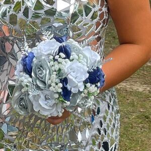 Floral bouquet prom homecoming dance blue white silver sparkle hand held